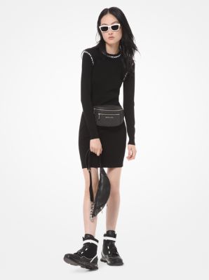 Logo-Trim Stretch-Viscose Long-Sleeve Dress in BLACK | Michael Kors