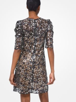 Vestido de malla con lentejuelas y mangas abullonadas in NEGRO/PLATEADO | Michael Kors