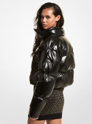 Womens Black Shiny Vinyl Puffer Jacket Cropped –