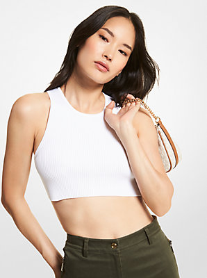 Michaelkors Ribbed Stretch Viscose Cropped Tank Top,WHITE