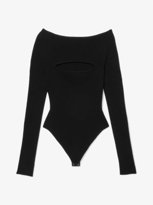 Ribbed Merino Wool Blend Cutout Bodysuit in BLACK | Michael Kors