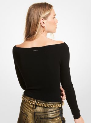 Ribbed Merino Wool Blend Cutout Bodysuit in BLACK | Michael Kors