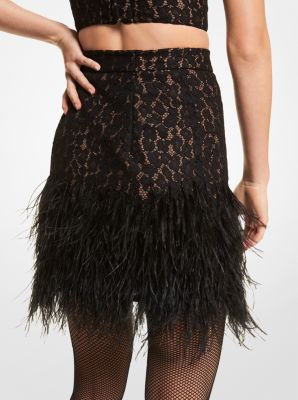 Feather Embellished Corded Lace Skirt