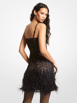 Feather Embellished Corded Lace Dress Michael Kors 