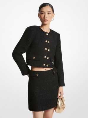 Women's Charcoal Tweed Jacket, Black Skater Dress, Gold Leather