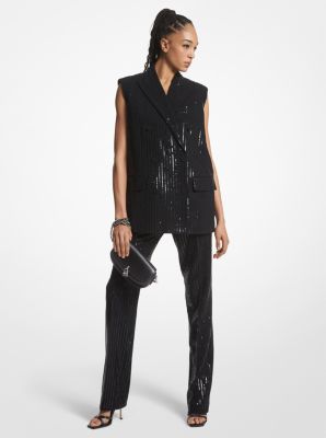 Michael Kors Pinstripe Sequined Crepe Sleeveless Blazer In Black