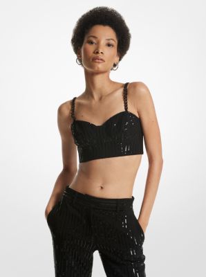 Michaelkors Pinstripe Sequined Crepe Bustier Top,BLACK