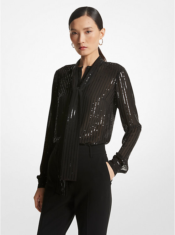 Pinstripe Sequined Georgette Tie-Neck Blouse image number 0