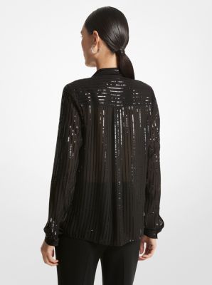 Pinstripe Sequined Georgette Tie-Neck Blouse | Michael Kors