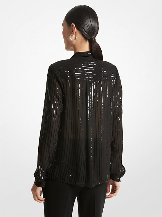 Pinstripe Sequined Georgette Tie-Neck Blouse image number 1