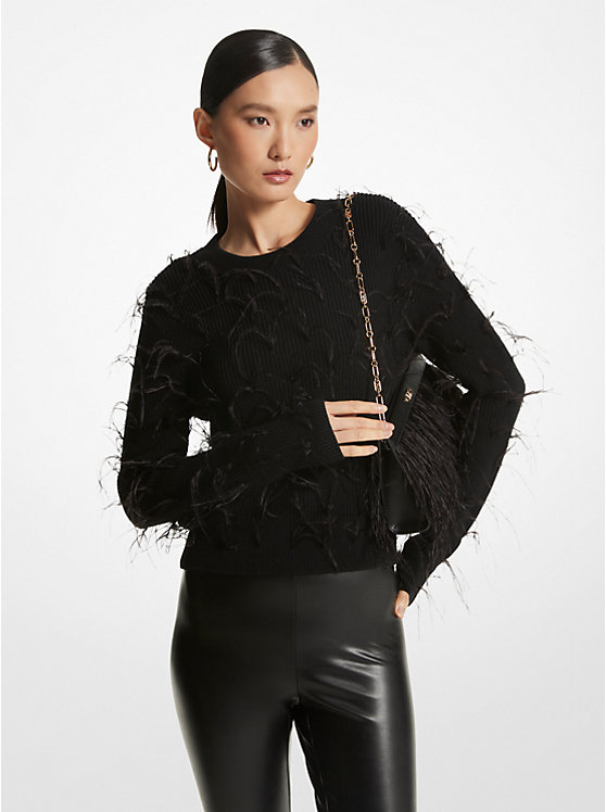 Feather Embellished Merino Wool Blend Cropped Sweater image number 0