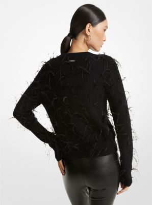 Feather Embellished Merino Wool Blend Cropped Sweater | Michael Kors