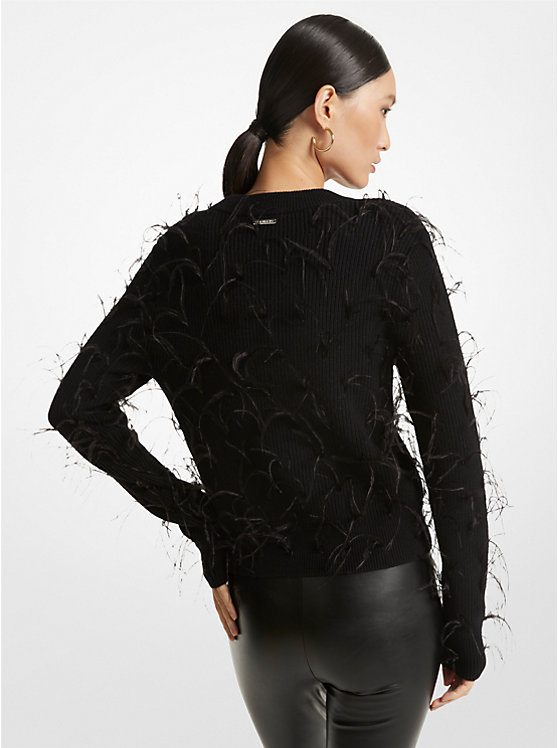 Feather Embellished Merino Wool Blend Cropped Sweater image number 1