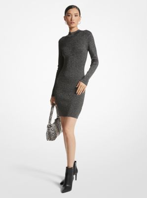 Michaelkors Metallic Ribbed Stretch Knit Mock Neck Dress,BLACK/SILVER