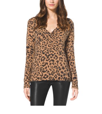 Michael Kors Leopard Print Faux Fur Cuff Cream Sweater 