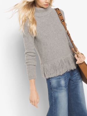 Fringed Merino Wool and Cashmere Turtleneck