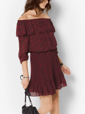 Lace-Print Chiffon Off-the-Shoulder 