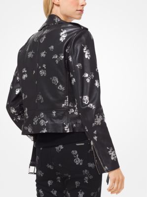 Metallic Rose Print Leather Moto Jacket