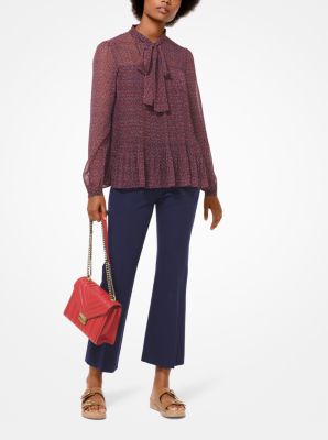 Vine-Print Chiffon Tie-Neck Blouse