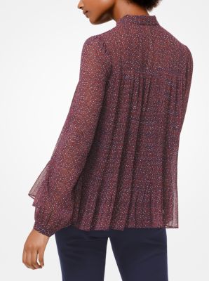 Vine-Print Chiffon Tie-Neck Blouse