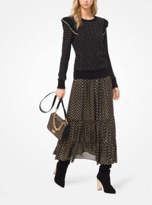 Metallic Pointelle-Knit Ruffled Pullover