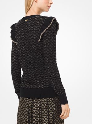 Metallic Pointelle-Knit Ruffled Pullover