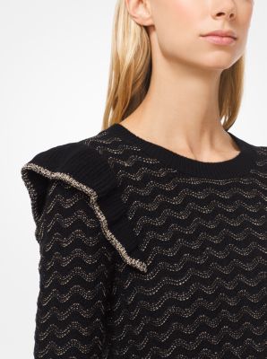 Metallic Pointelle-Knit Ruffled Pullover