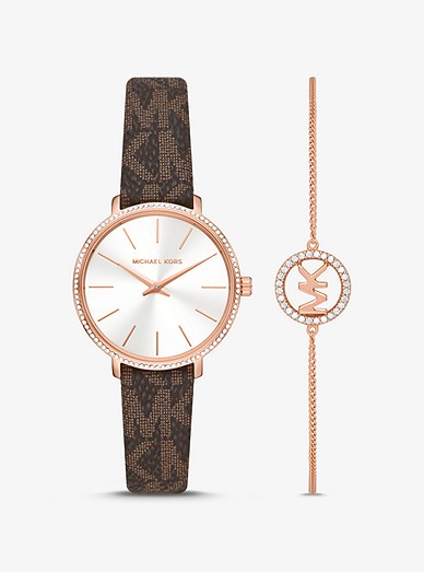 Pyper Logo And Rose Gold-tone Watch And Bracelet Set | Michael Kors