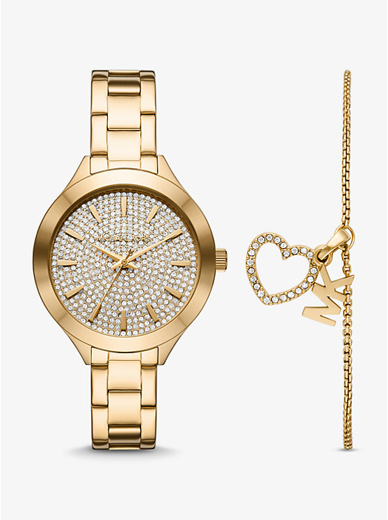 Pavé Gold-Tone Watch and Heart Bracelet Set image number 0