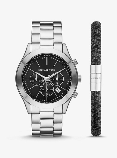 Oversized Slim Runway Silver-tone Watch And Logo Bracelet Set | Michael Kors