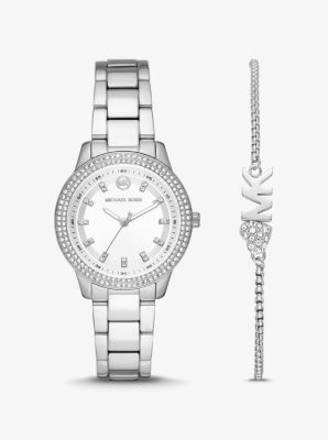 Shop Michael Kors Mini Tibby Pavé Silver-tone Watch And Bracelet Gift Set