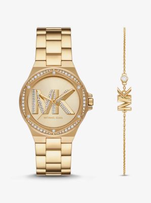 Lennox Pavé Logo Gold-Tone Watch and Bracelet Set | Michael Kors