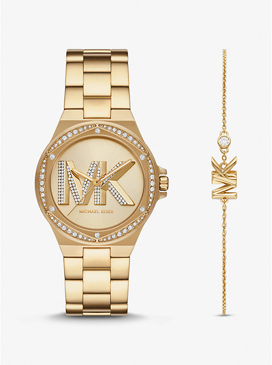 Lennox Pavé Logo Gold-Tone Watch and Bracelet Set image number 0