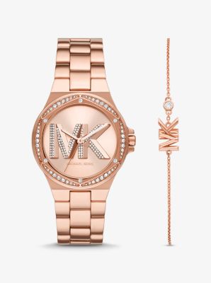 Lennox Pavé Logo Rose Gold-Tone Watch and Bracelet Set | Michael Kors