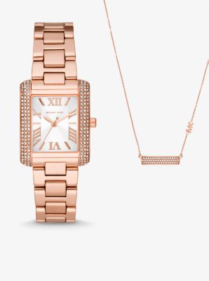Armbanduhr Mini Emery und Halskette im Rosé-Goldton mit Pavé im Set image number 0