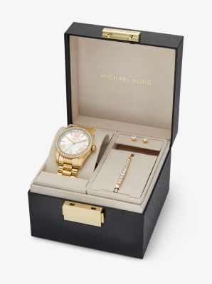 Coffret cadeau avec montre Lexington dorée à pierres pavées et bijoux image number 3