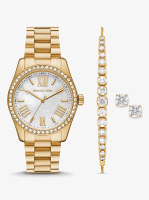 Michael Kors Lexington Pavé Gold-tone Watch And Jewelry Gift Set