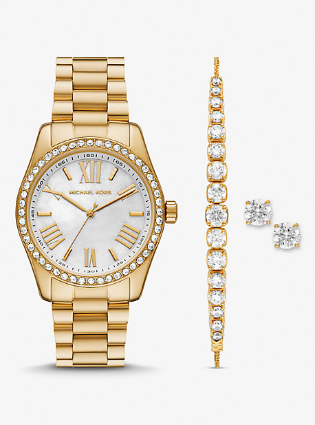 MK Coffret cadeau avec montre Lexington dorée à pierres pavées et bijoux - Or - Michael Kors