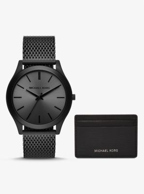 Set de regalo con tarjetero y reloj Runway fino oversize en tono negro image number 0