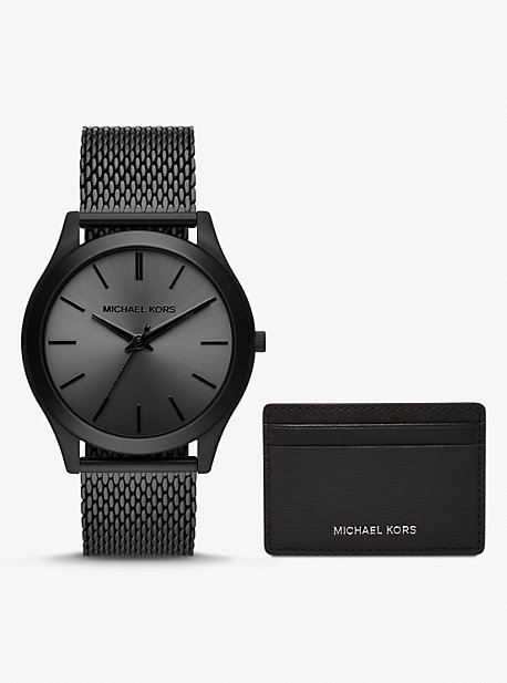 MK Oversized Slim Runway Black-Tone Watch and Card Case Gift Set - Black - Michael Kors