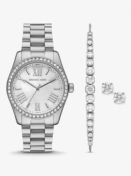 Michael Kors Lexington Pavé Silver-tone Watch And Bracelet Set