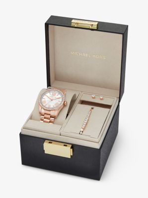 Coffret cadeau avec montre Lexington ton or rose à pierres pavées et bijoux image number 3