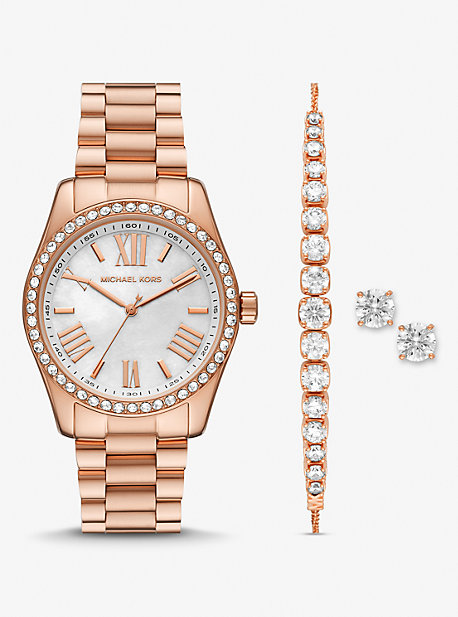 Michael Kors Lexington Pavé Rose Gold-tone Watch And Jewelry Gift Set
