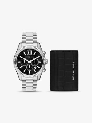 Oversized Lexington Silver-Tone Watch and Crocodile-Embossed Leather Card Case Gift Set image number 0