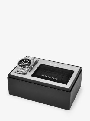 Oversized Lexington Silver-Tone Watch and Crocodile-Embossed Leather Card Case Gift Set image number 3