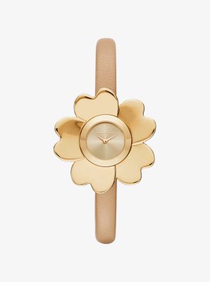 Mena Gold-Tone and Leather Floral Watch
