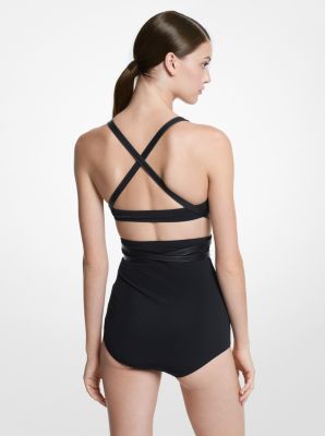 Leather-Trimmed Crepe Bra and Brief Bikini Set in BLACK | Michael Kors