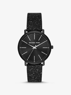 michael kors women's pyper black leather strap watch 38mm