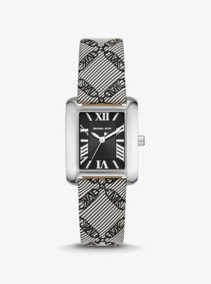 MK Armbanduhr Mini Emery Im Silberton Mit Armband Aus Jacquard Mit Empire-Logomuster - Schwarz