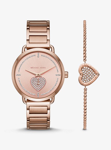 Portia Pavé Rose Gold-tone Watch And Heart Bracelet Set | Michael Kors